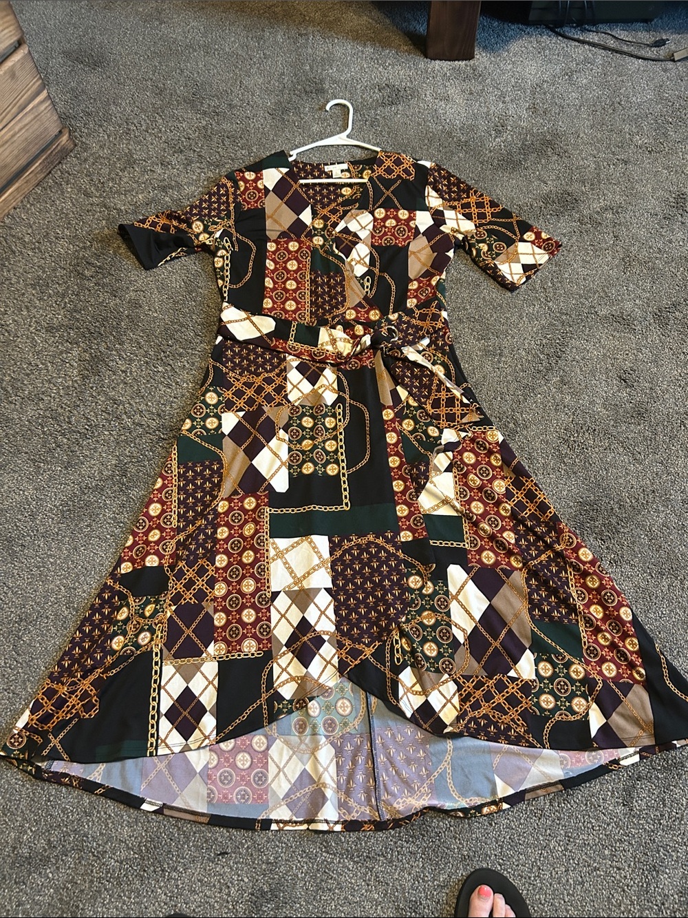 High-Low Printed Midi Dress with Belt - Black Multi